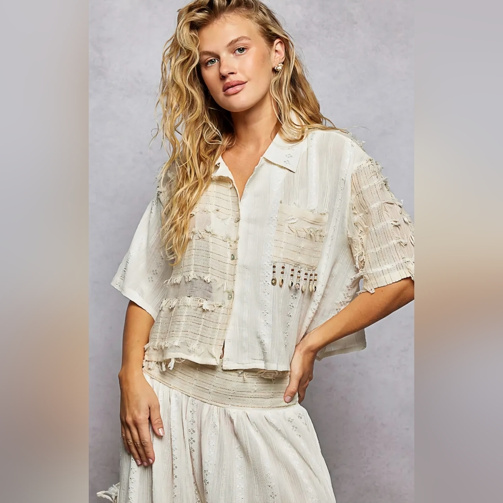 POL Cream Textured Women's Blouse